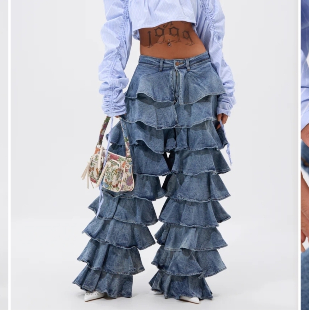 LOOK THIS WAY RUFFLE DENIM PANT - XL
